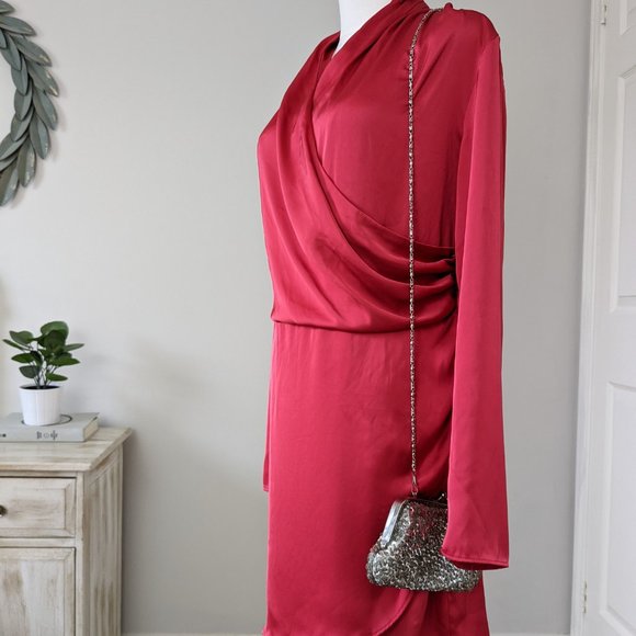 Pink Pleated Faux Wrap Dress - Satin - Size M - Picture 2 of 4